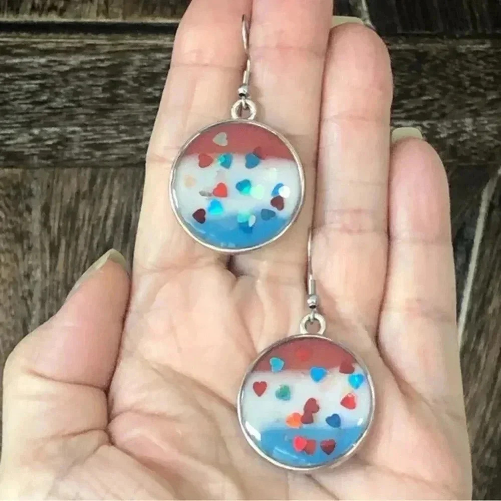Handmade Resin Hearts and Stripes Independence Day 4th of July Earrings New
